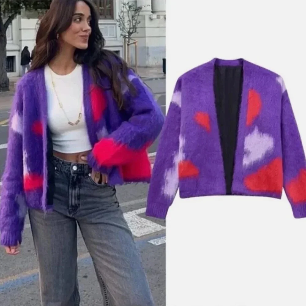 ZARA Brushed Fuzzy Finish Knit Open Cardigan Abstract Unique Purple Red L